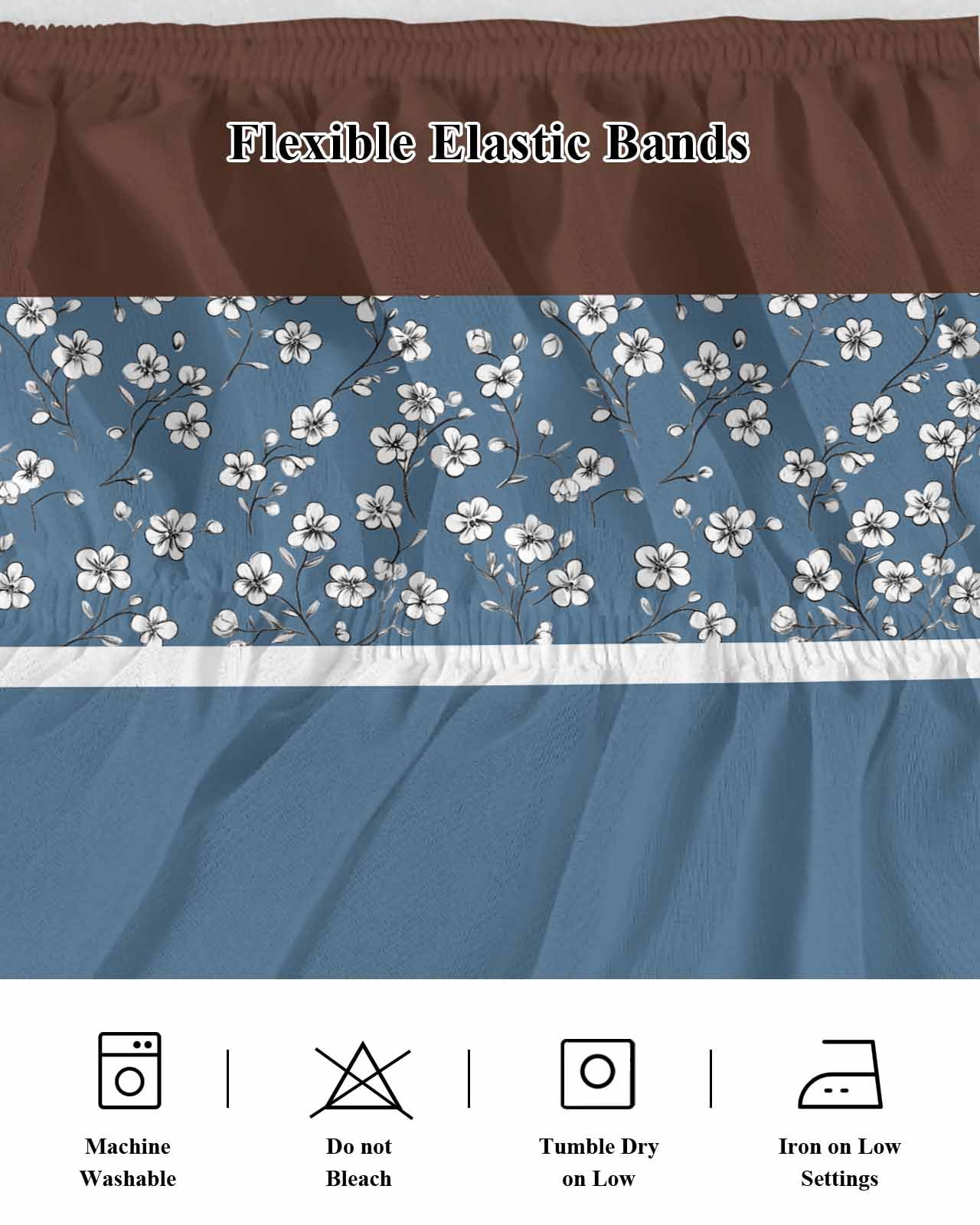 Blue Brown Flowers Wrap Around Bed Skirts for California King Bed 16" Drop,Bed Skirt with Adjustable Elastic Belt Dust Ruffle Bed Valance for Bedroom Classic Botanical Art Elegant Bed Frame Cover