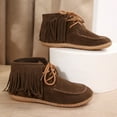 thumbnail image 3 of Fringe Ankle Boots for Women Casual Stitching Suede Lace up Flat Booties Fall Winter Casual HIgh Top Walking Shoes, 3 of 5