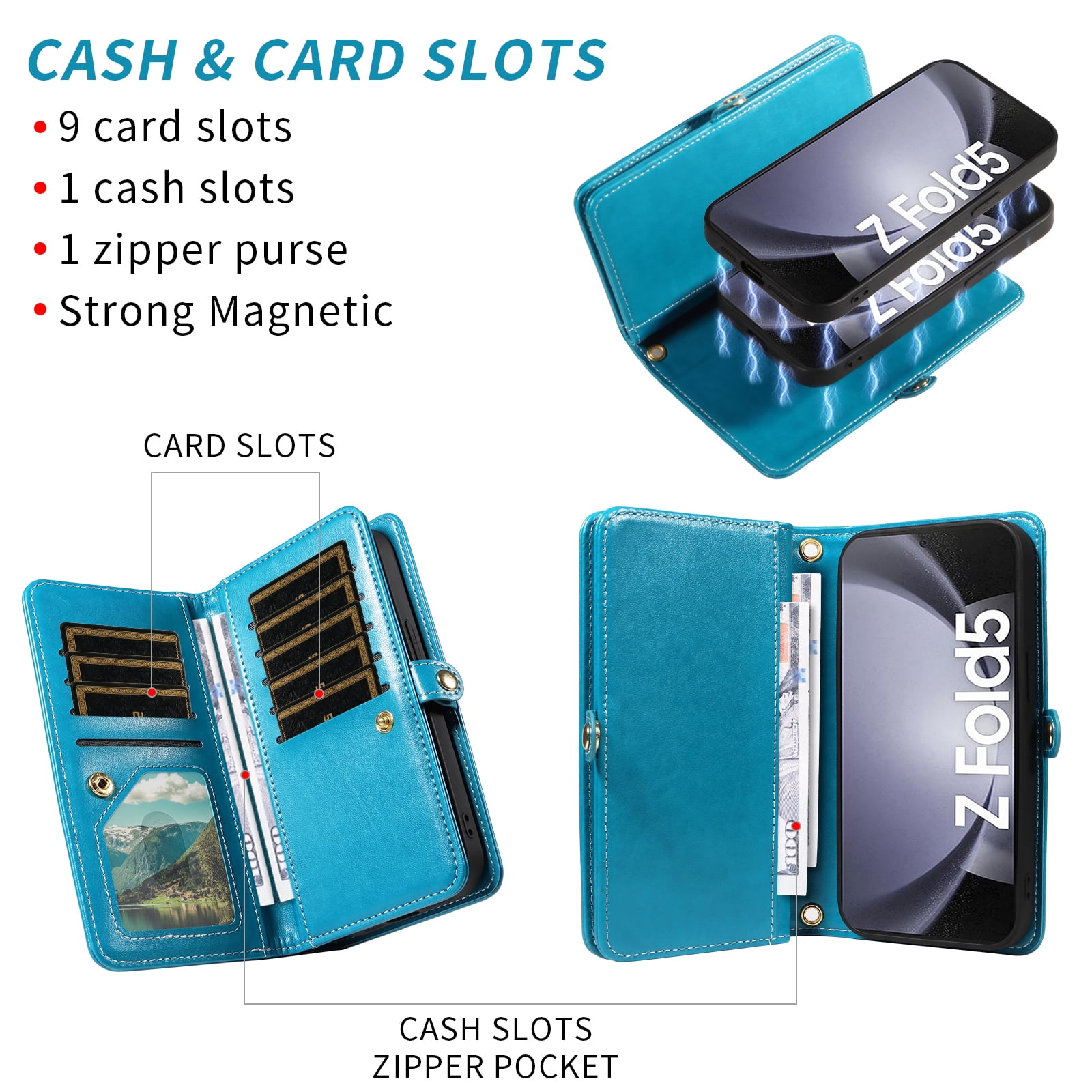 Asuwish Phone Case for Samsung Galaxy Z Fold 5 5G 2023 Zipper Wallet Cell Cover Crossbody Strap Flower Flip Card Holder ZFold5 Z5 G Fold5 ZFold 5Z Women Blue