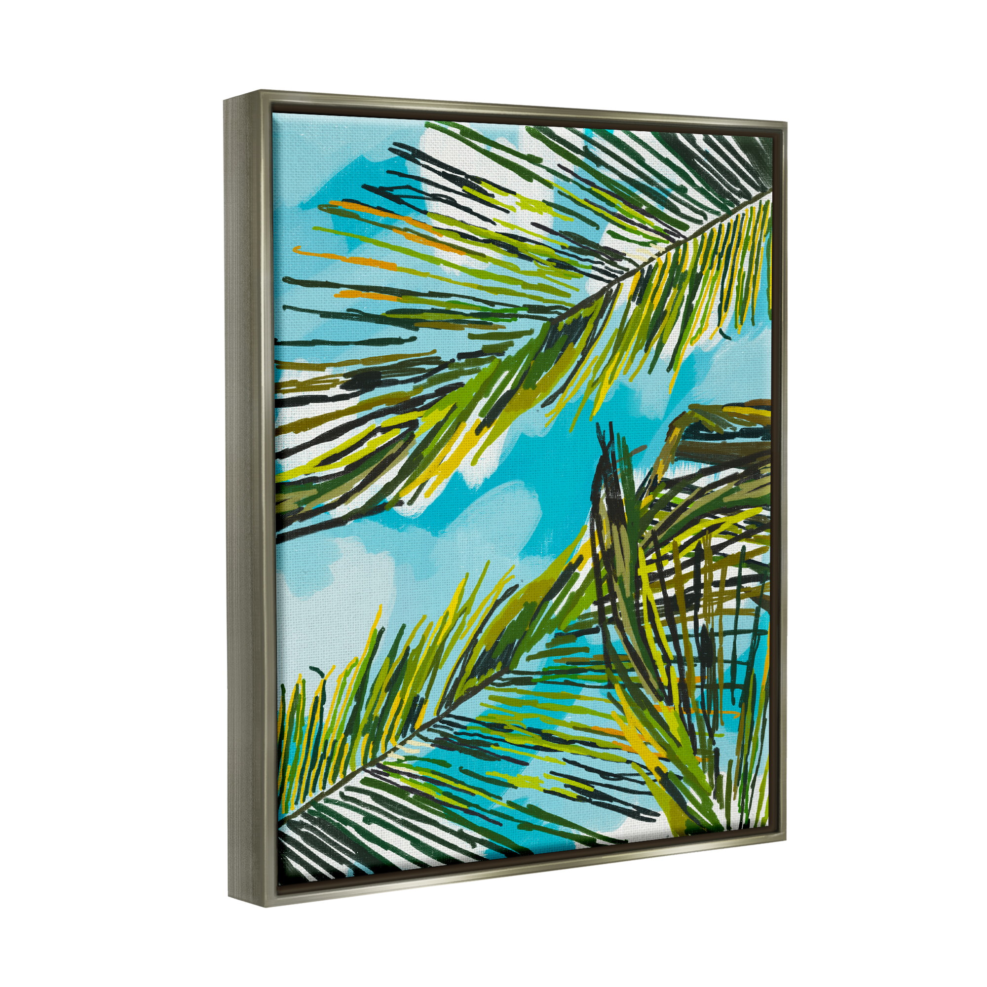Stupell Industries Palm Leaves Blue Sky Botanical & Floral Painting Gray Floater Framed Art Print Wall Art, 25 x 31
