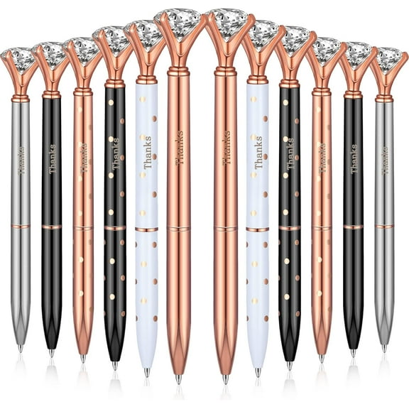 WSNIJFU 12Pcs Thanks Diamond Ballpoint Pens Rhinestones Black Ink Pens Bling Metal Gel Ink Pen Thanks Present for Event Party Employee Appreciation Home Office Stationery