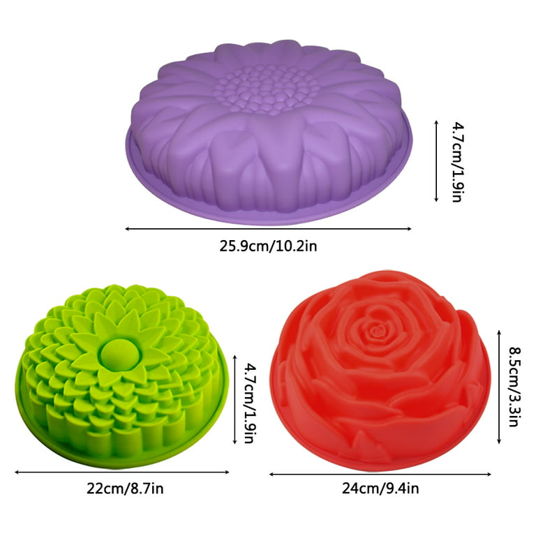 Rocutus 3 Pack Non-Stick Flower Shape Silicone Cake Bread Pie Flan Tart Jello Molds Silicone Baking Molds,Large Flower Baking Trays for Birthday