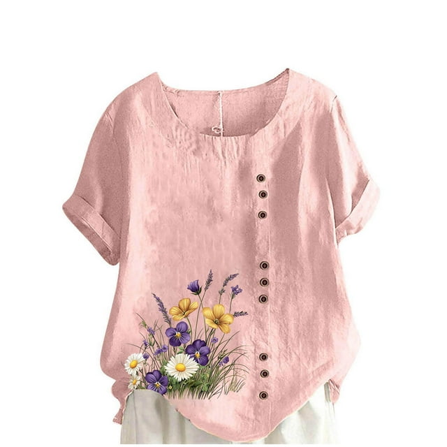 Pisexur Hauts en Coton et Lin Grande Taille pour Femmes, Décontractés, Été, Boho, Mode, Coupe Ample, Col Rond, Manches Courtes, T-Shirts Floraux pour Femmes P-5TG Rose