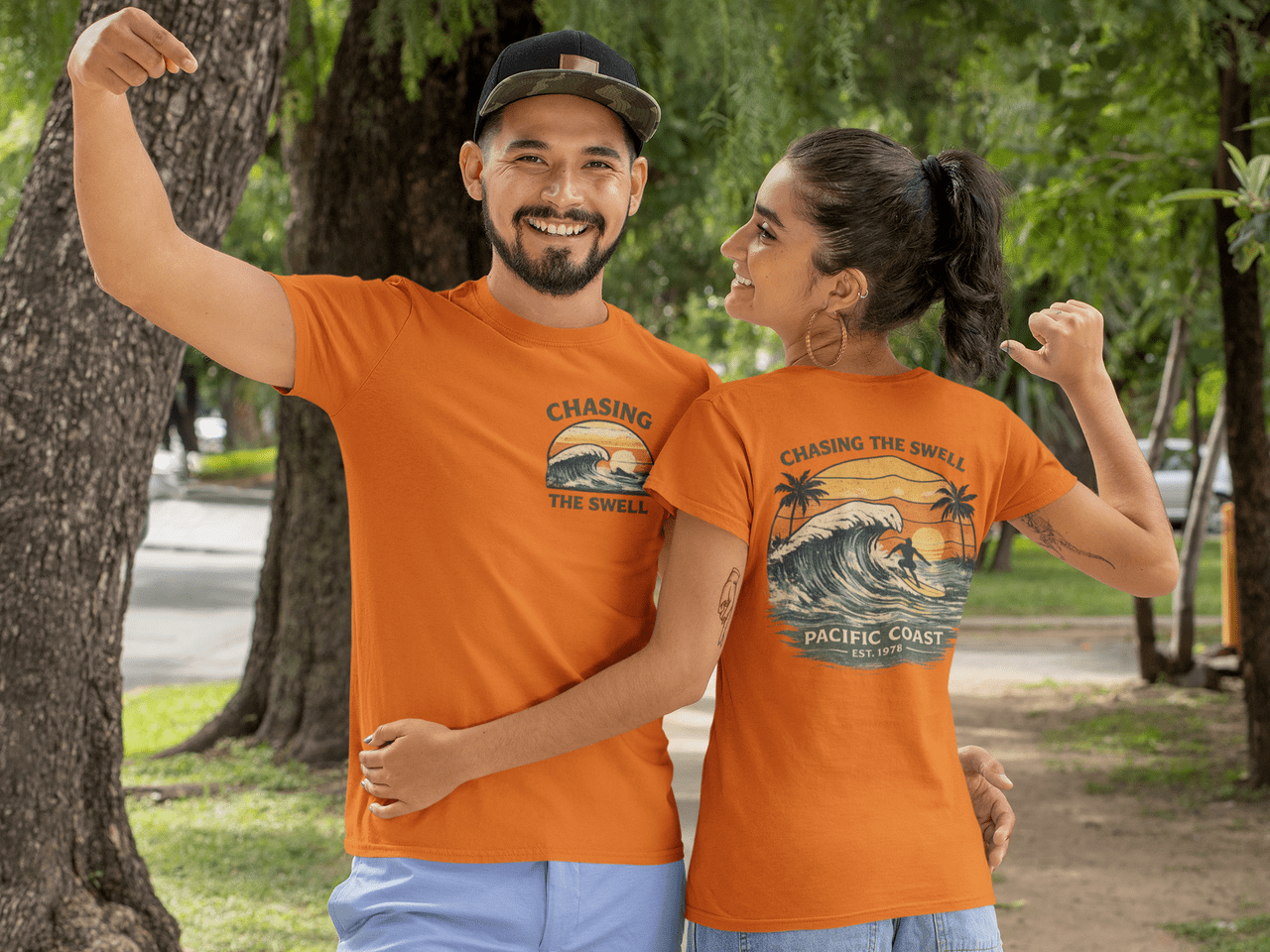 Chasing the Swell Surf T-Shirt – Pacific Coast Wave Graphic Tee, Vintage Beach Surf Shirt, Front & Back Print Unisex Crewneck
