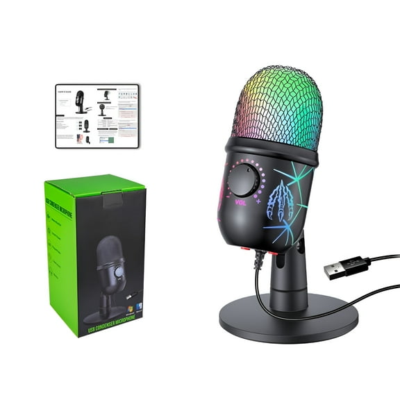GJX USB Gaming Microphone for PC, Programmable Condenser Mic with RGB Light, Mute, Gain, Monitoring, Volume Control for Streaming, Podcast, YouTube, Discord, Computer, Mac