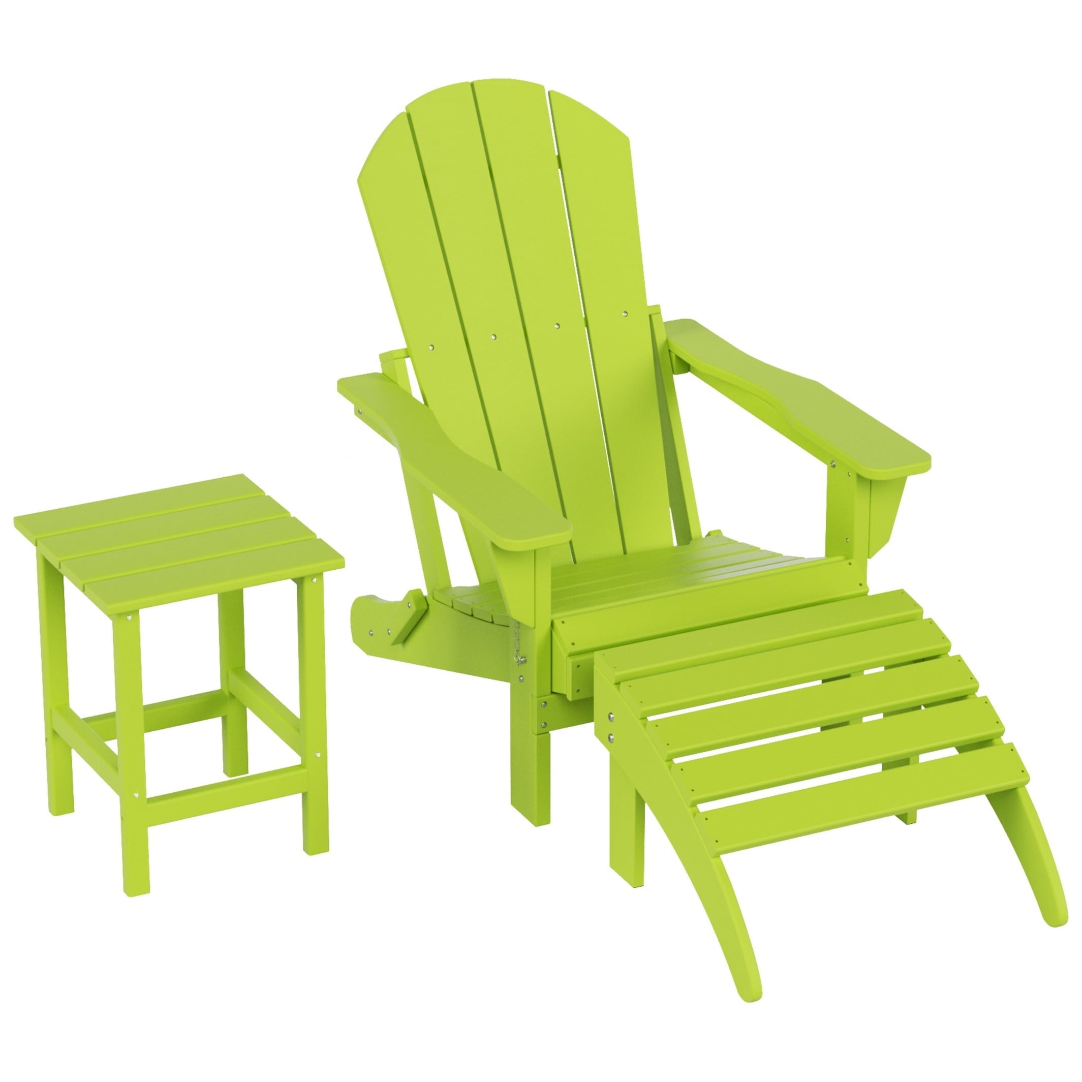 Polytrends  Laguna All Weather Poly Outdoor Patio Adirondack Chair Set - with Ottoman and Side Table (3-Piece) Lime