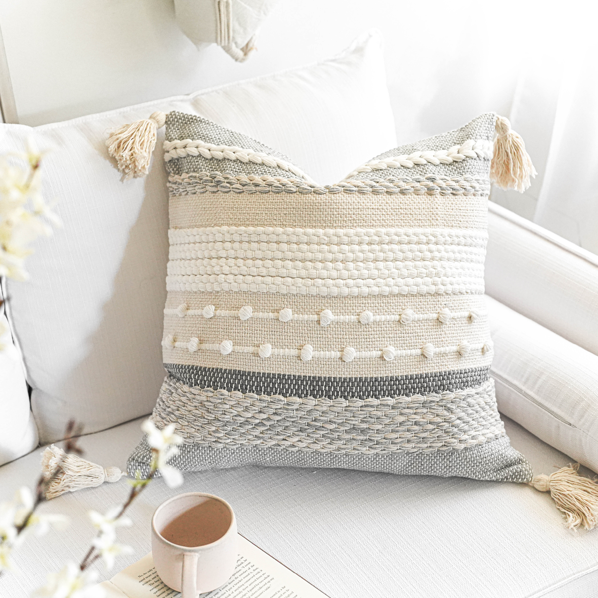 BlissBlush Gray Boho Throw Pillow Cover 20x20 Grey Decorative Accent Pillow for Couch Square Woven Textured Pillowcase Modern Farmhouse Pillow for Bed Bohemian Pillow Cover (Pack of 1)