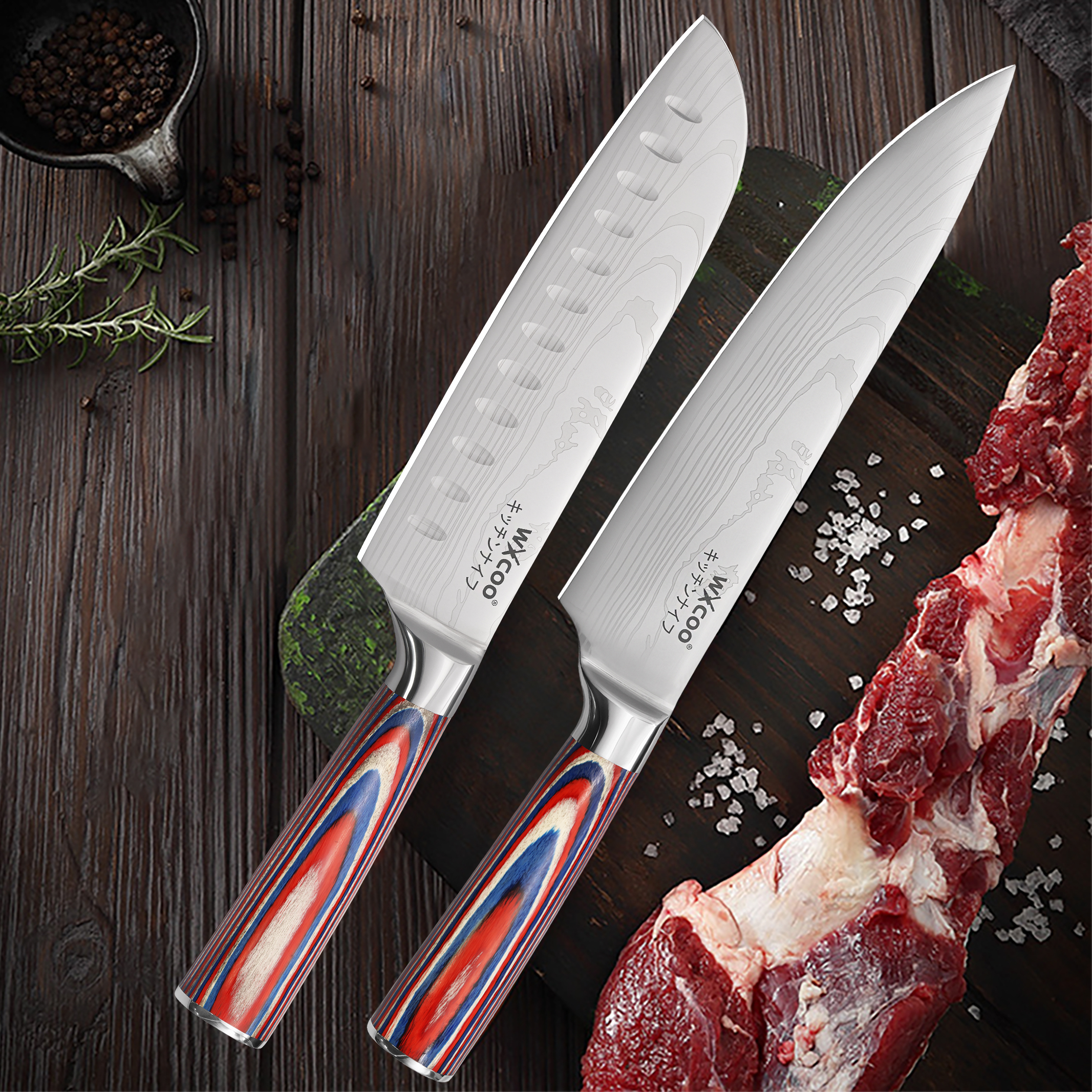 WXCOO Laser Damascus Pattern Kitchen Knife Set 2PCS Santoku Japanese Slicer Chef Knives High Wood Handle for Kitchen with Box