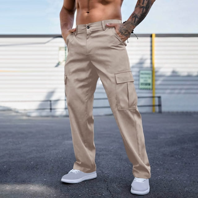 Mceream Pantalon de Golf pour Homme à devant Plat, Jambe Droite, Pantalon Cargo pour Homme avec Multiples Poches, Pantalon Formel de Mariage, Course, Randonnée, Pantalones de Hombre de Moda, Kaki, M