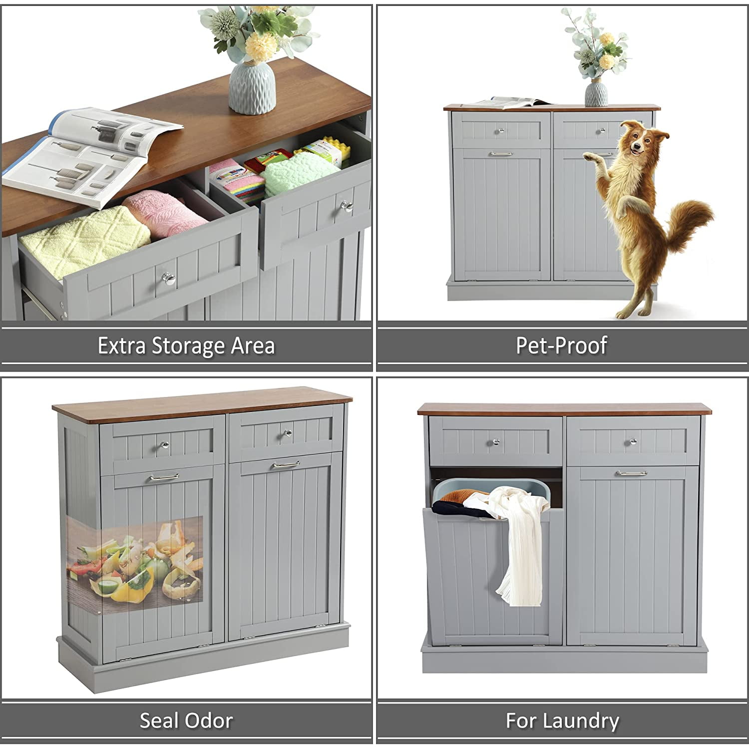 KIGOTY Dual Kitchen Trash Cabinet, Double Tilt Out Trash Can Cabinet with Countertop and Drawer, Free-Standing Pet Proof Recycling Cabinet Garbage Can Holder (Grey)