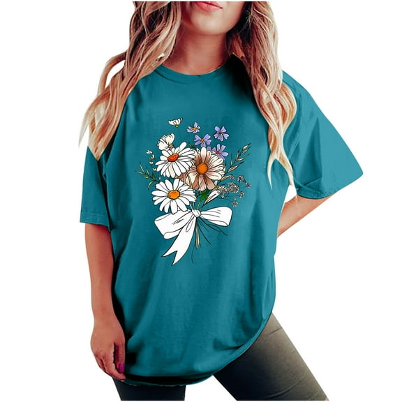 gbyLJF Short Sleeve Tops for Women, 2024 Summer Ladies Tee Trendy Floral Print Shirts Loose Fit Cotton T Shirt Blue XL