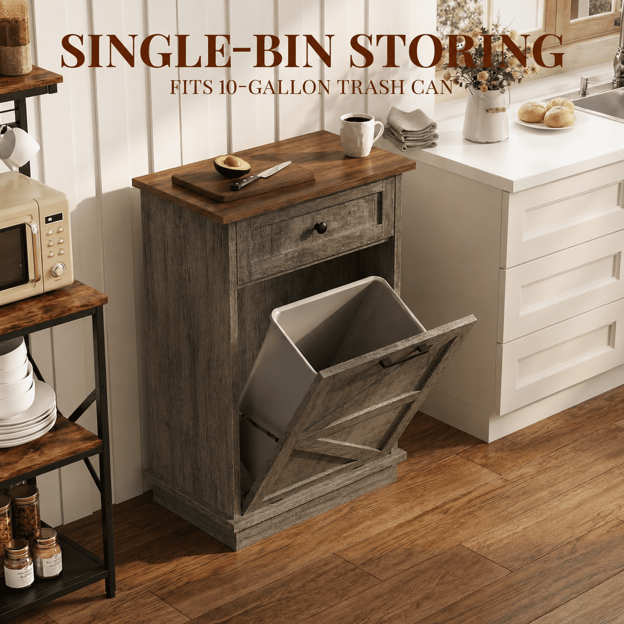 GARITIN Tilt Out Trash Can Cabinet, 10-Gallon Farmhouse Hidden Garbage Cabinet with Drawer, Dog Proof Wooden Trash Storage for Kitchen Laundry Living Room, Grey+Brown