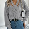 thumbnail image 5 of Amidoa V-Neck Sweater Tops for Women Crochet Long Sleeve Gray Solid Cutout Plus Size Sweaters Women's Cardigans L, 5 of 8