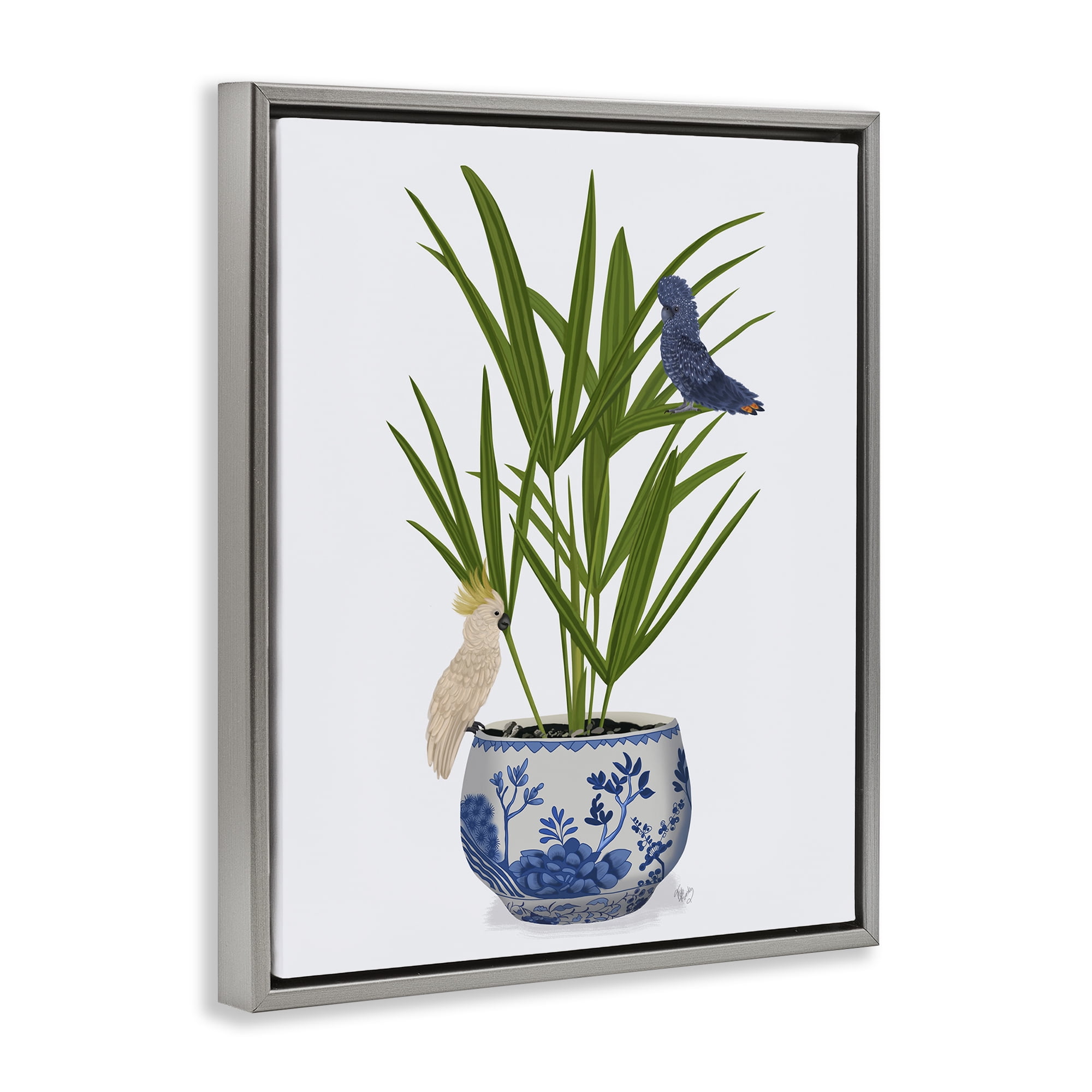 Stupell Industries Cockatiels on Planter Botanical & Floral Painting Gray Floater Framed Canvas Art Print Wall Art, 17 x 21