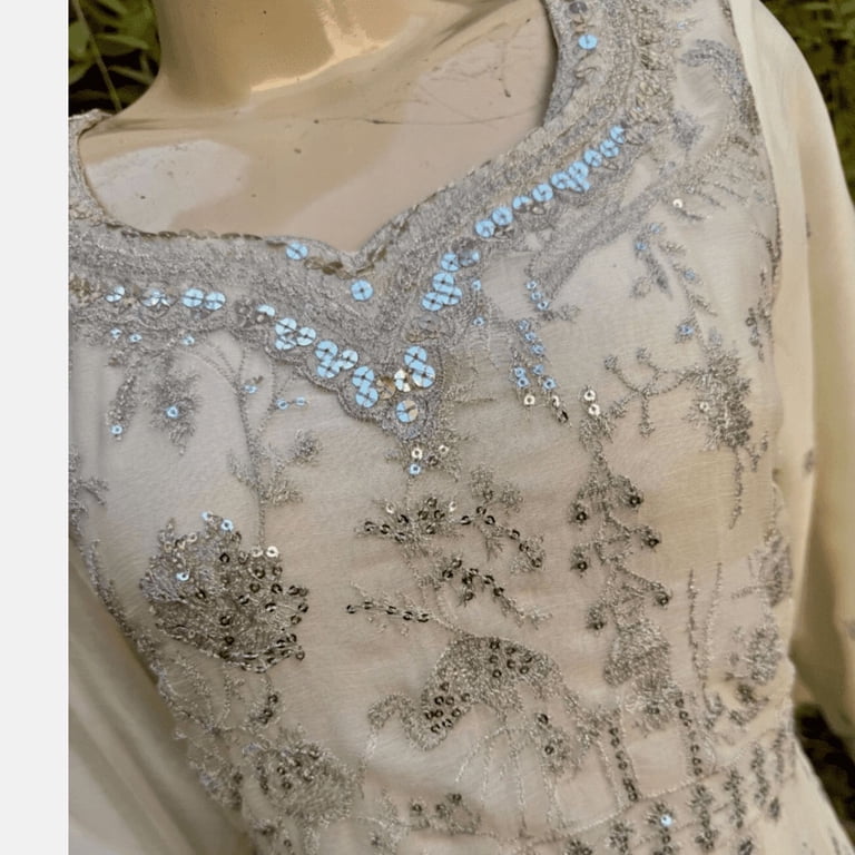 Pakistani Egg Shell White Long Maxi Style Embroidered Sequins Chiffon Dress  - L