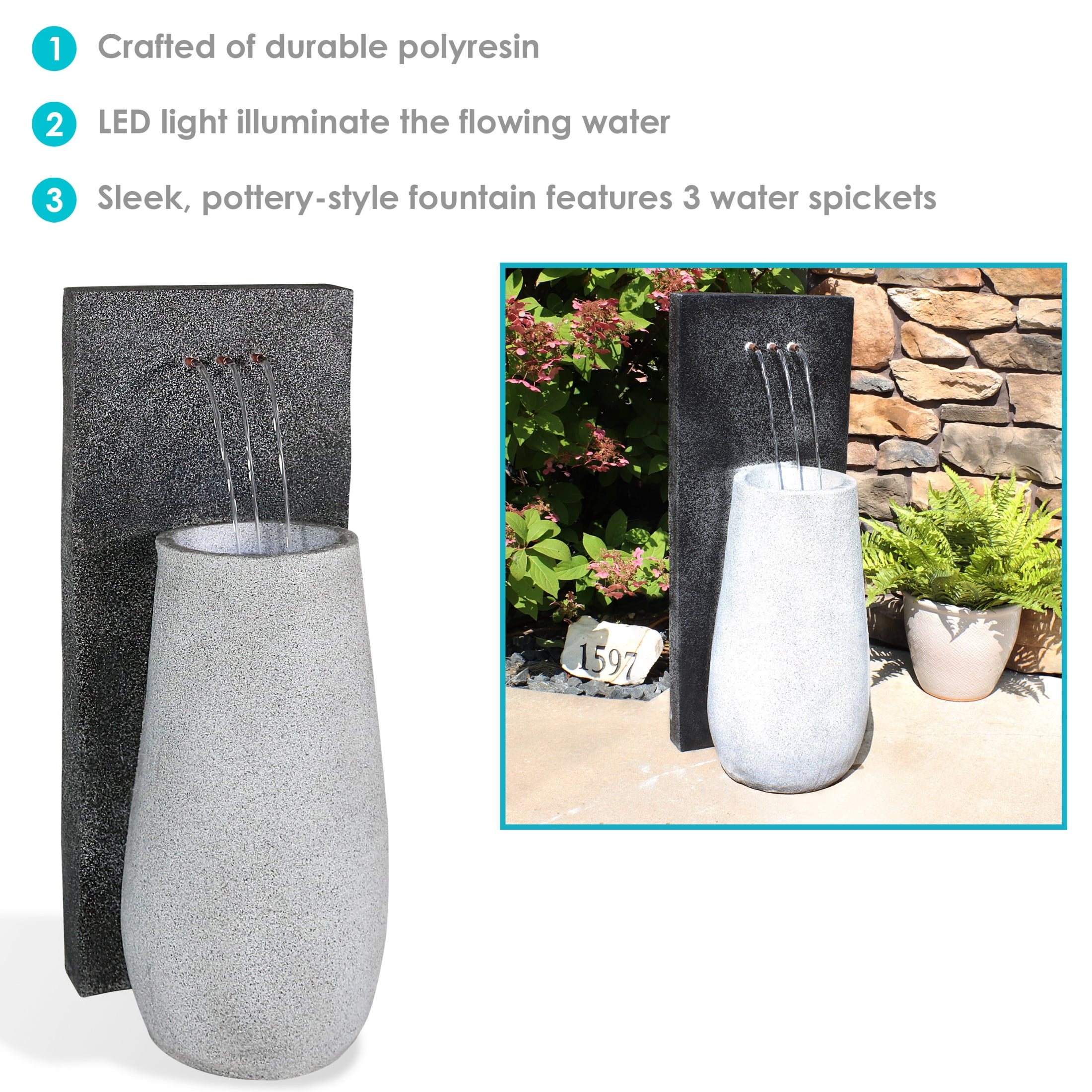 Sunnydaze Three Stream Monterno Polyresin Outdoor Water Fountain with Lights