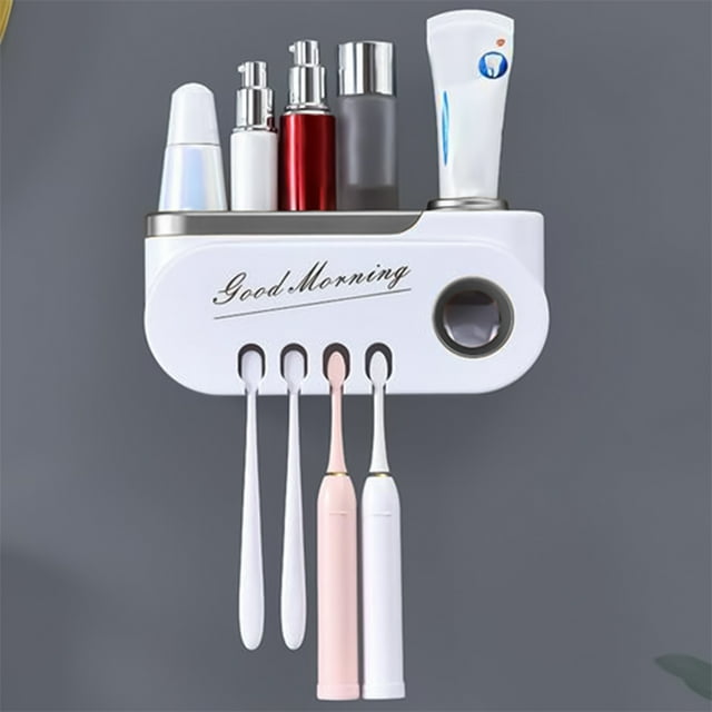 Portacepillos de dientes de pared con dispensador automático de pasta dental | Organizador de baño de 4 tazas | Plástico ABS negro | Soporte adhesivo para superficies de azulejos, madera y vidrio