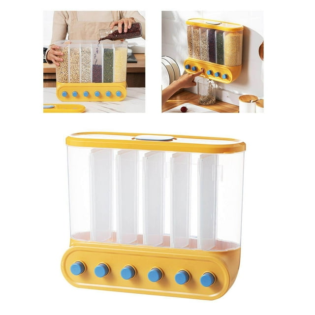 pitrice Wall-Mounted Dry Food Storage Dispenser Grains Rice Box Candy Organizer 6 Grid Yellow