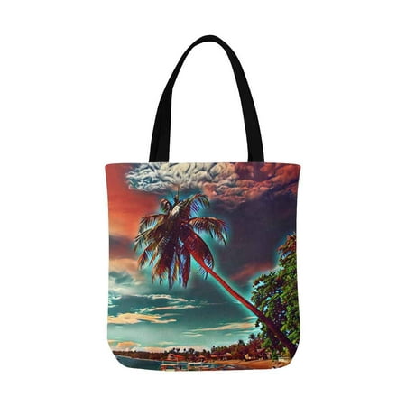 ASHLEIGH Coco Palm Tree in Sky Exotic Beach Painting Digital style Unisex Canvas Tote Canvas Shoulder Bag Resuable Grocery Bags Shopping Bags for Women Men