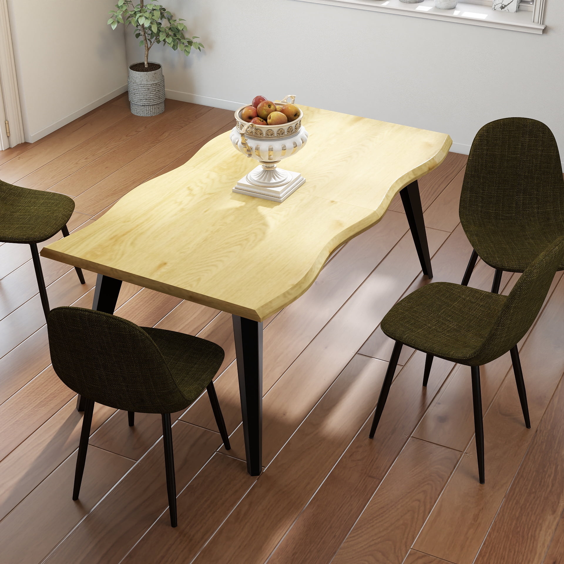 Ensemble de salle à manger Homy Casa style industriel moderne 5 pièces pour 4 personnes, table en faux bois imitation noyer avec bords naturels et 4 chaises sans accoudoirs