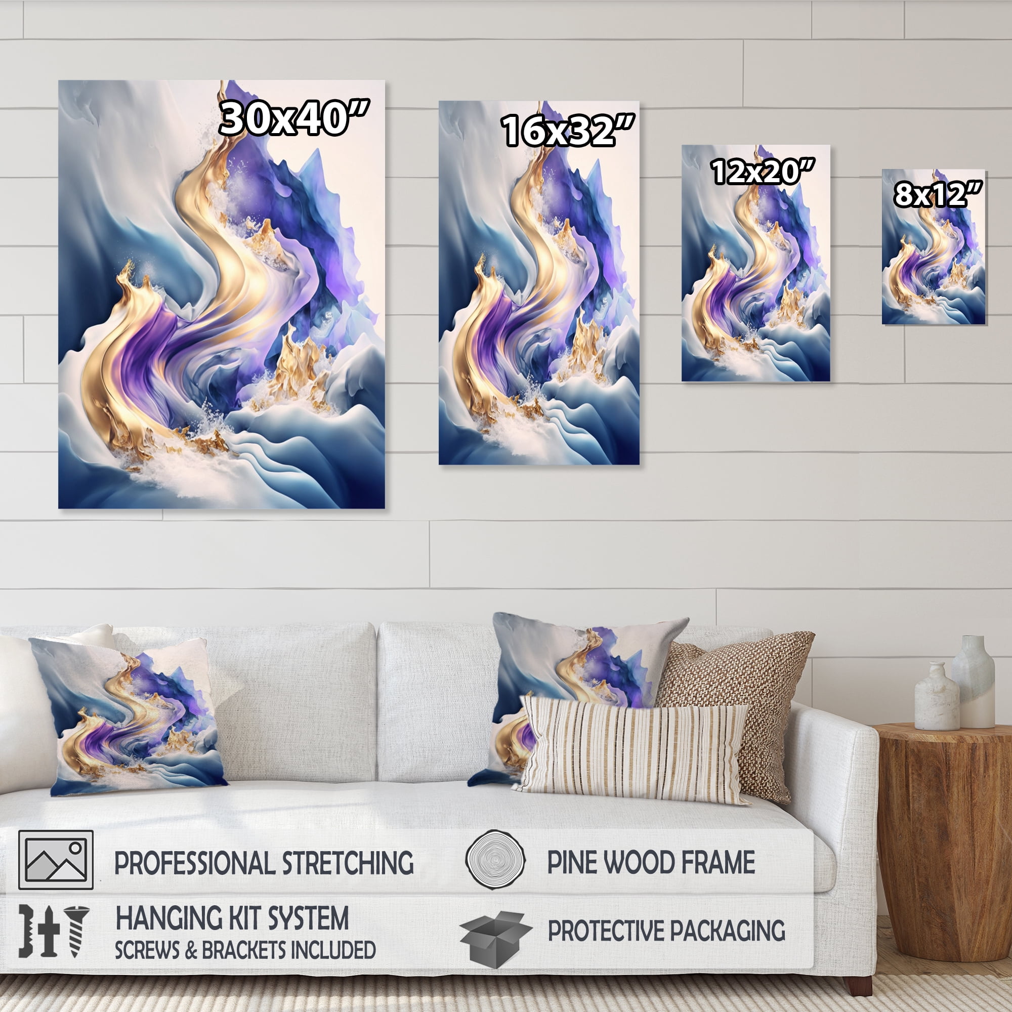 Designart Blue And Gold Splash Paint III Canvas Wall Art