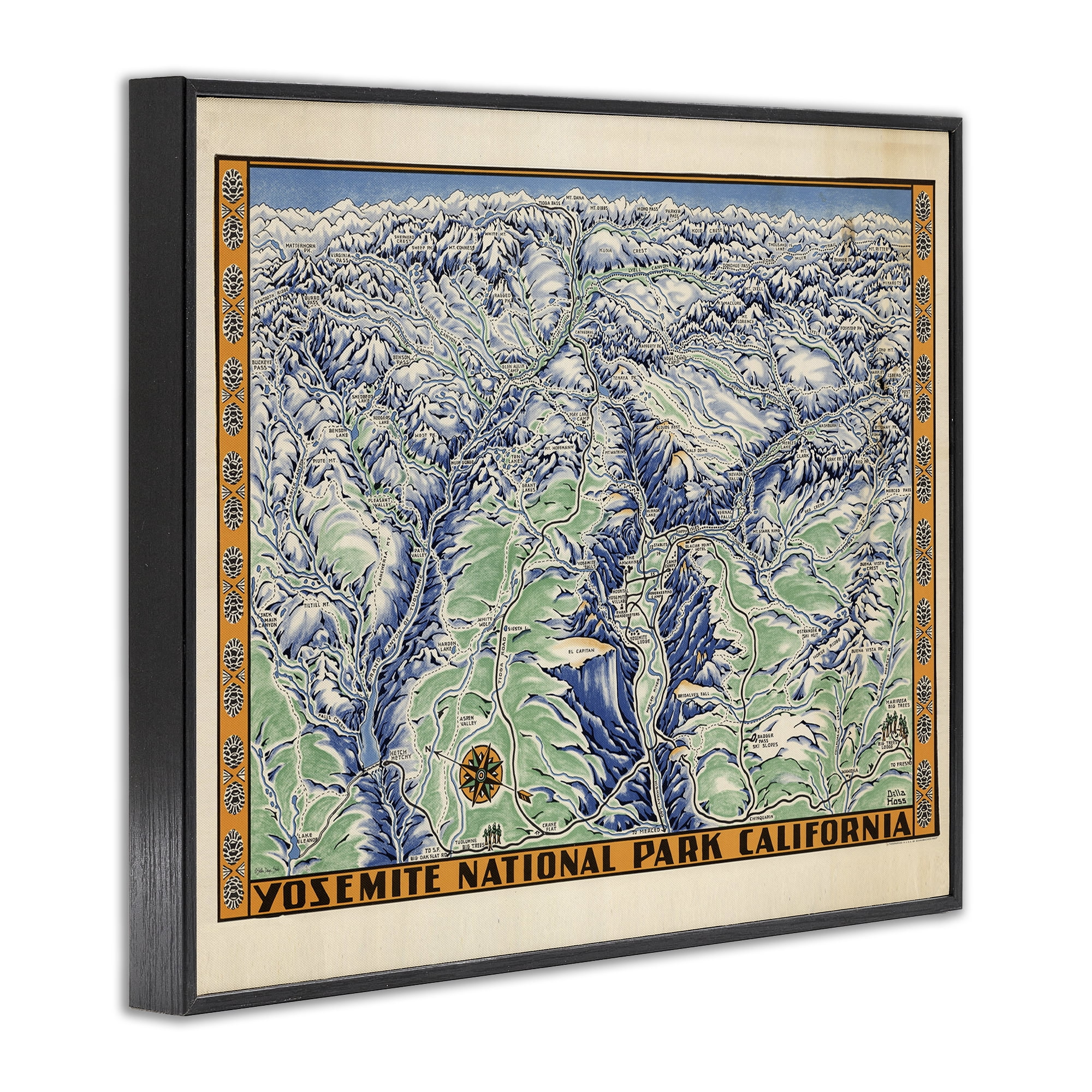 Stupell Industries Vintage Yosemite Map Travel & Places Painting Black Framed Art Print Wall Art, 14 x 11