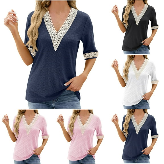 YHAJDS Plain Tshirts for Women Short Sleeve V Neck Lace Solid Color Tee Casual Blouse