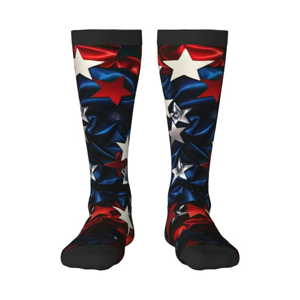 Balery Red Blue White Stars Calcetines novedosos Calcetines deportivos Calcetines hasta la rodilla Calcetines de algodón Calcetines originales y geniales