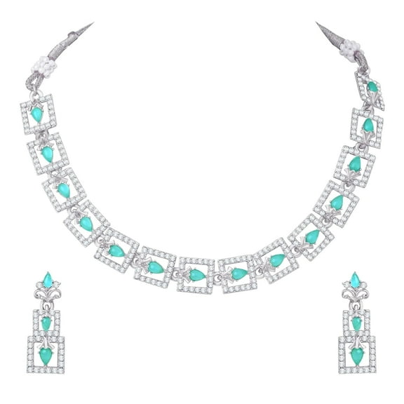 Parshwa Creations Indian Women's Silver Plated Bollywood Fashion Jewelry Choker Set, Rhinestone Stud Prom Party Accessories Wedding Bride Earrings Necklace Set,Gift For Her Jewelry