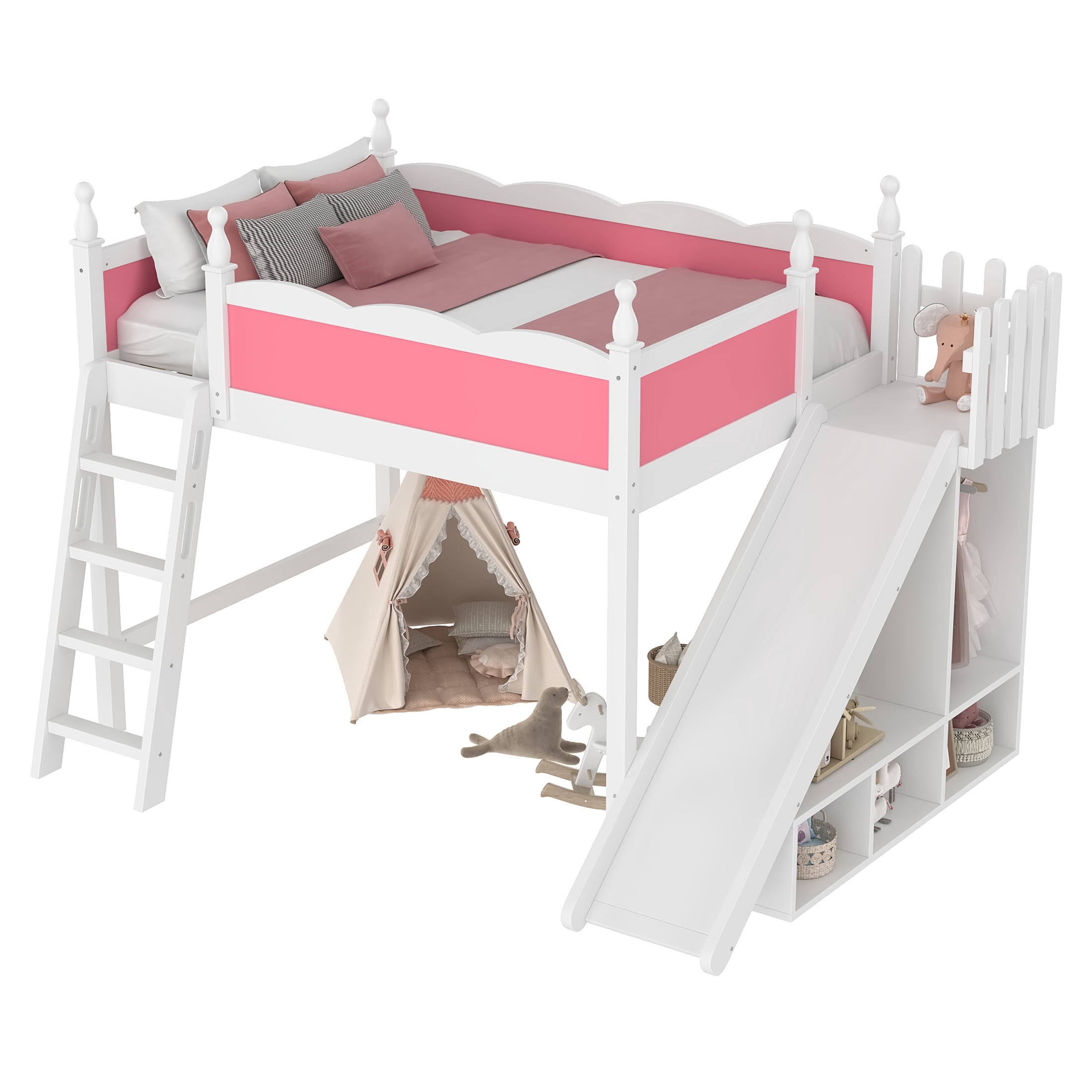 Noble House Full Loft Bed with Storage Shelves, Detachable Slide and Ladder, White + Pink