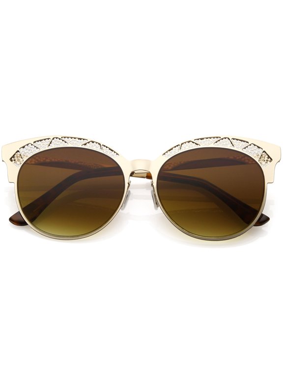 Perforated Metal Cat Eye Sunglasses Gradient Neutral Color Round Flat Lens 51mm (Gold / Amber )