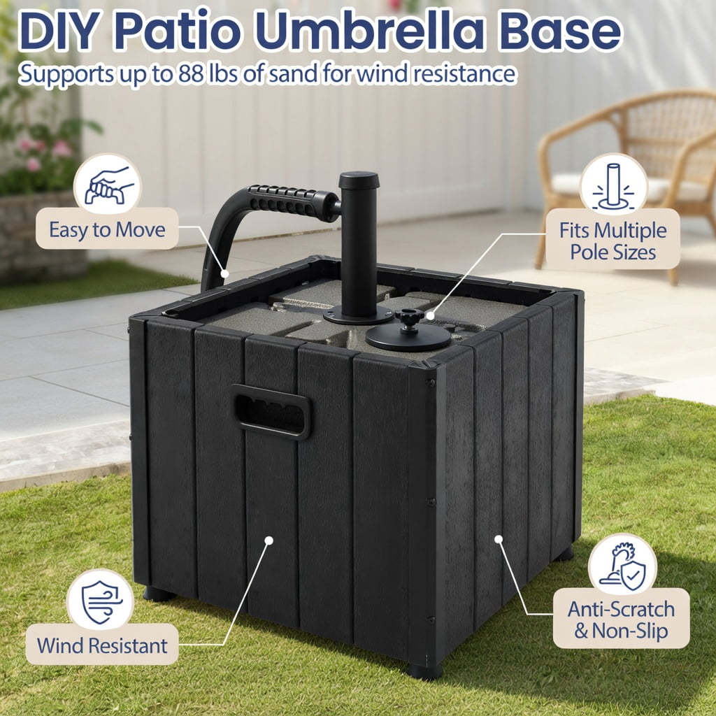 Resenkos Umbrella Base for Patio, Umbrella Stand Outdoor Base,2-in-1 Outdoor Umbrella Base Planter Patio Umbrella Stand with Flower Box-Black