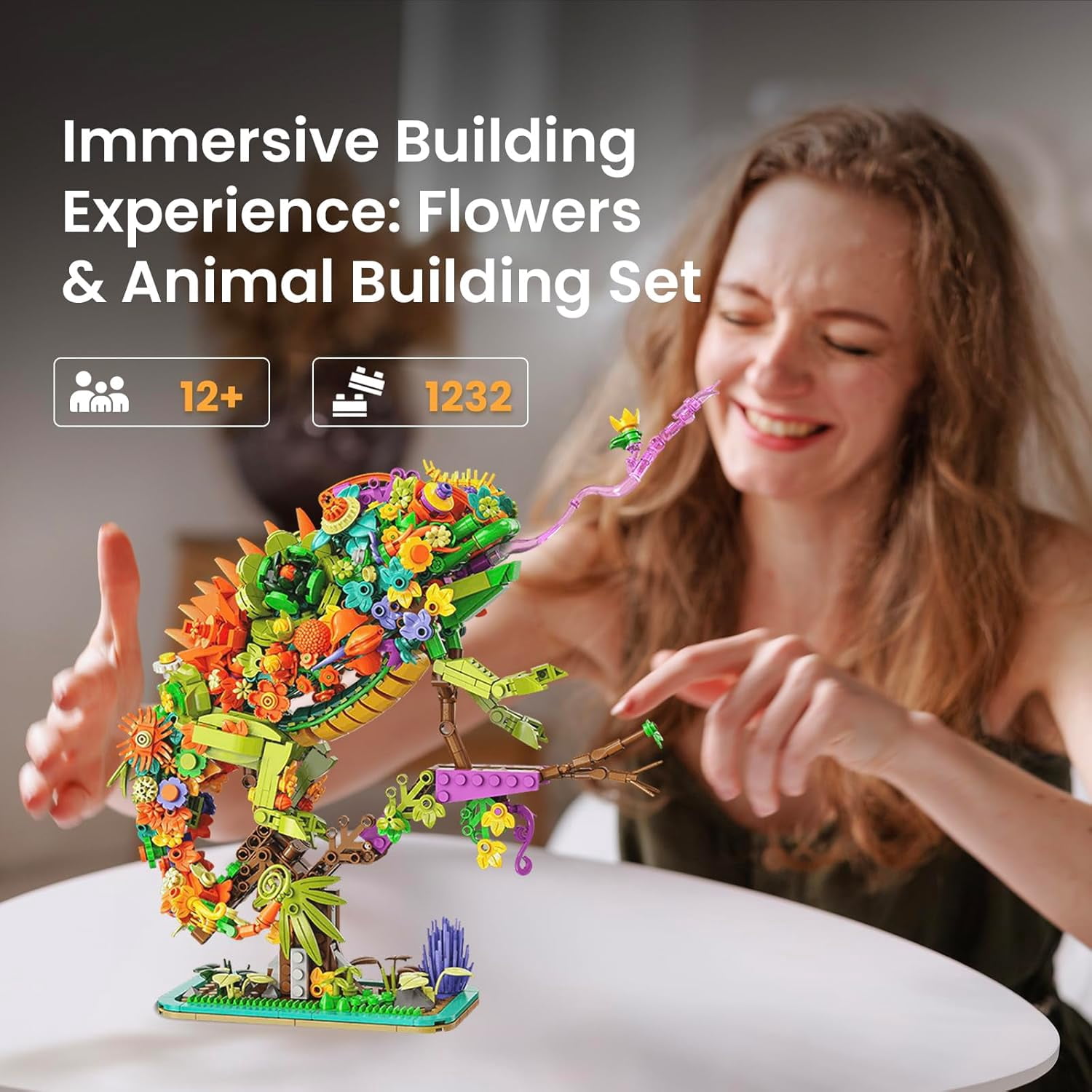 Animal Floral Building Set, Flowers & Animals Botanical Collectible Model Kit, Creator Chameleon Toys, Ideas Gifts for Adults, Women, Men, Teens Age 12+ (1232 Pieces)