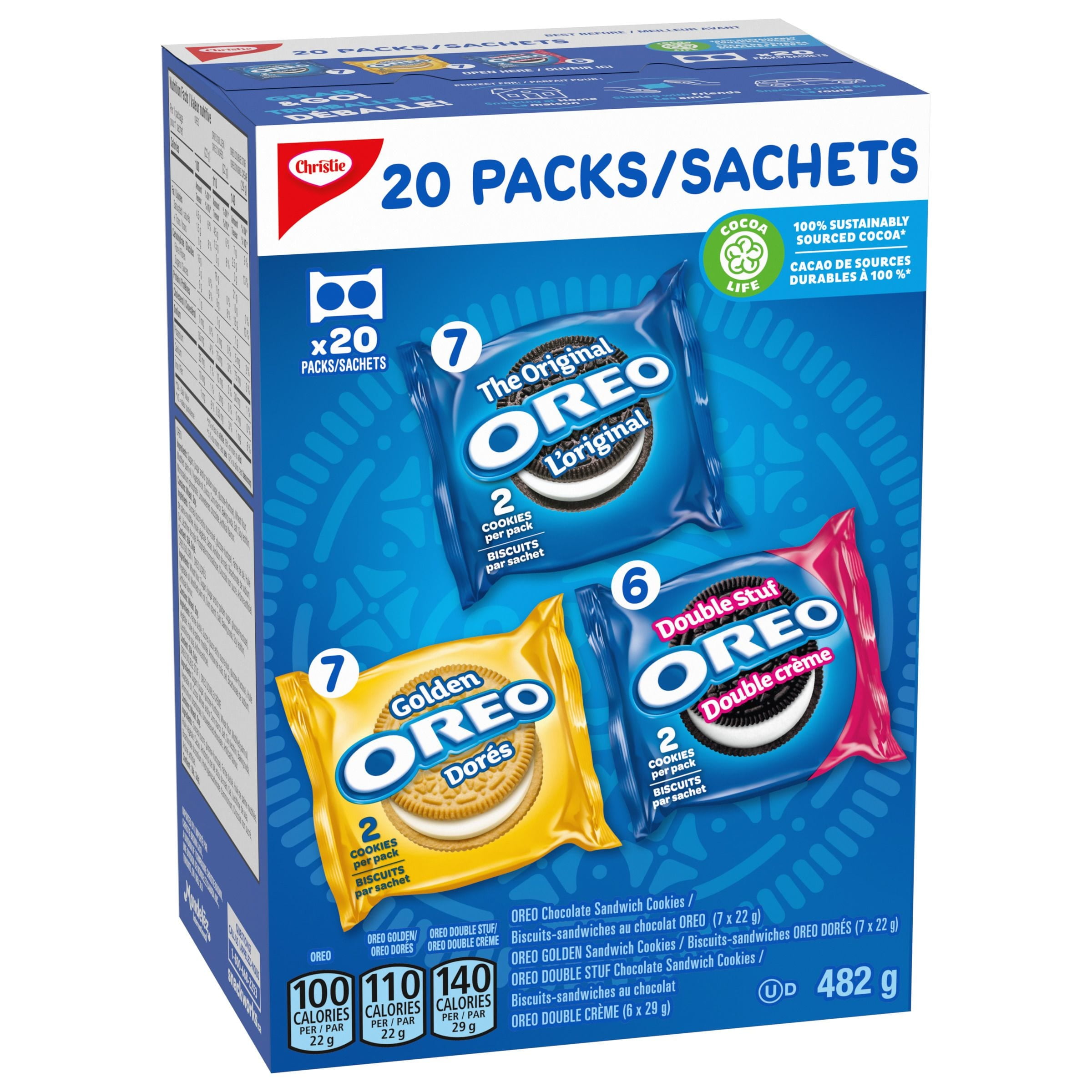 OREO, 20 Snack Packs (Individually Wrapped), 40 Cookies, School, Lunch, Birthday Party, Bulk Variety Pack of OREOs Original Chocolate & Double Stuf & Golden Vanilla Sandwich Cookies, 482 g