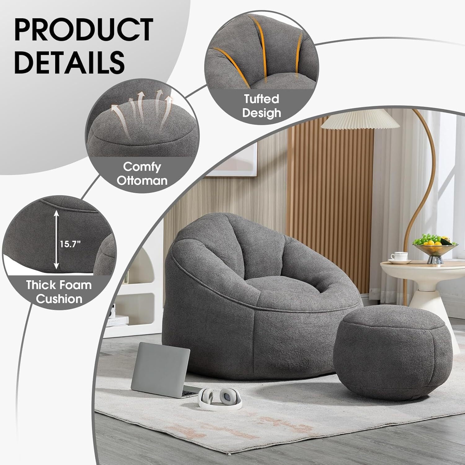 AENKYO Bean Bag Chair Shell-Shaped with Footstool, Memory Foam Microfiber Sofa for Adults - Grey