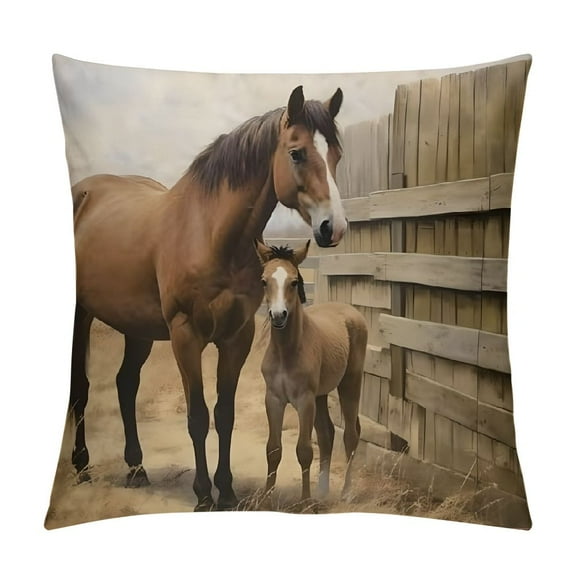 Creowell Horses Wooden Fence Barn Pillow Cushion Covers for Sofa Couch Home Decor 1PC Throw Pillow Cover 12x12in