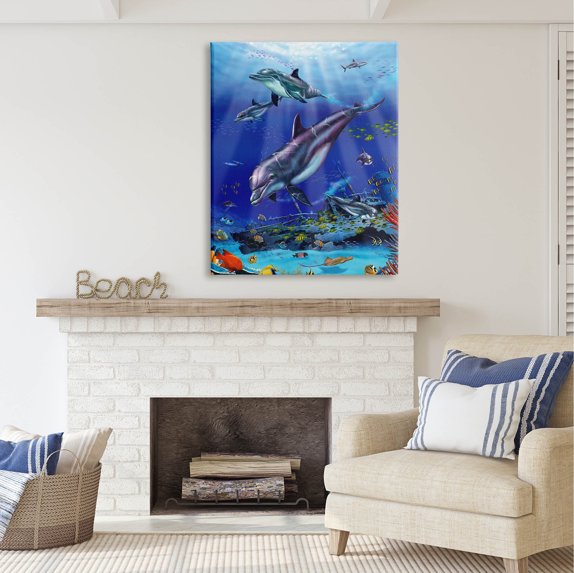 Stupell Industries Aquatic Dolphins & Fish Coastal Painting Gallery Wrapped Canvas Print Wall Art
