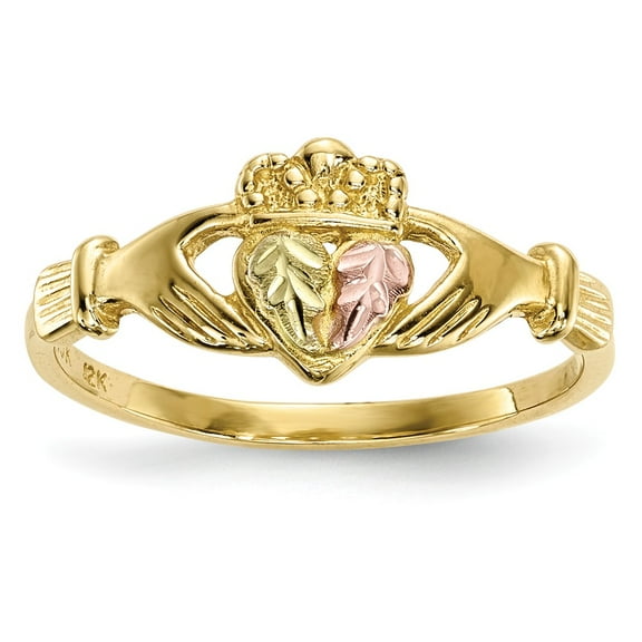 10K Yellow Gold Ring Band Black Hills Diamond-cut Tri-Color Claddagh