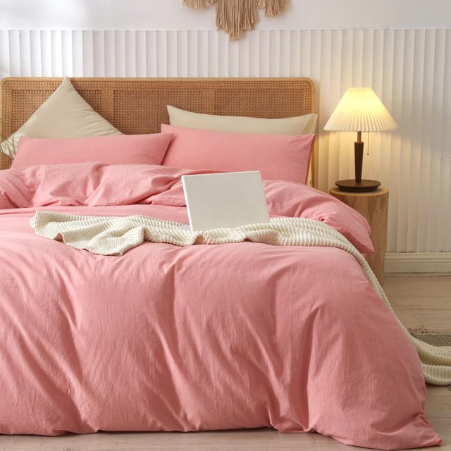 Washed Cotton Duvet Cover Set Linen Feel Natural Wrinkle Lightweight Comfy (King Linen)