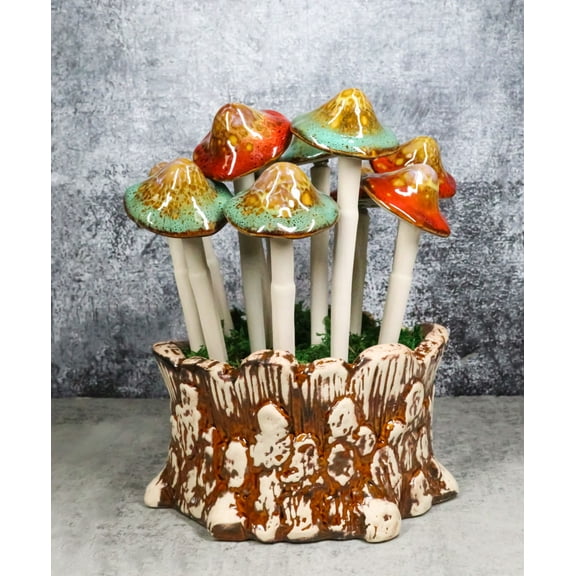 Fairy Garden Colorful 12 Piece Ceramic Mushroom Picks With Planter Holder Set