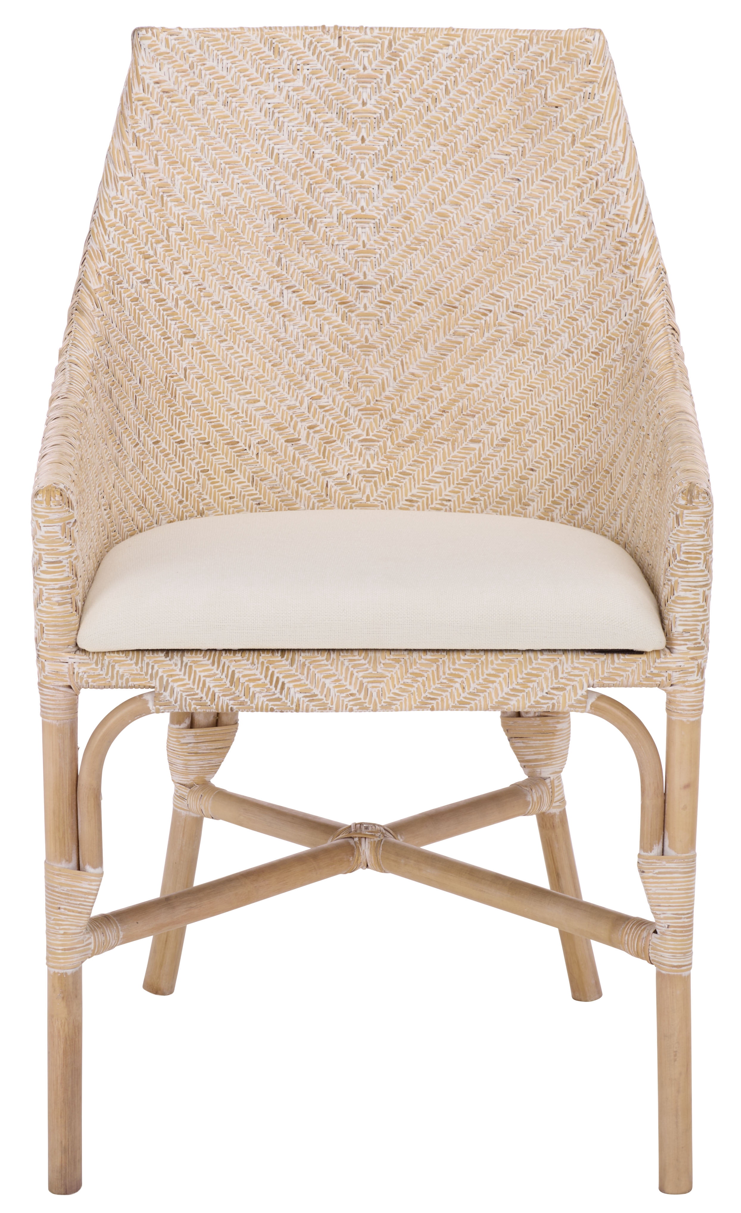 Safavieh Rikan Modern Rattan and Fabric Dining Arm Chair, White Washed/ Ivory