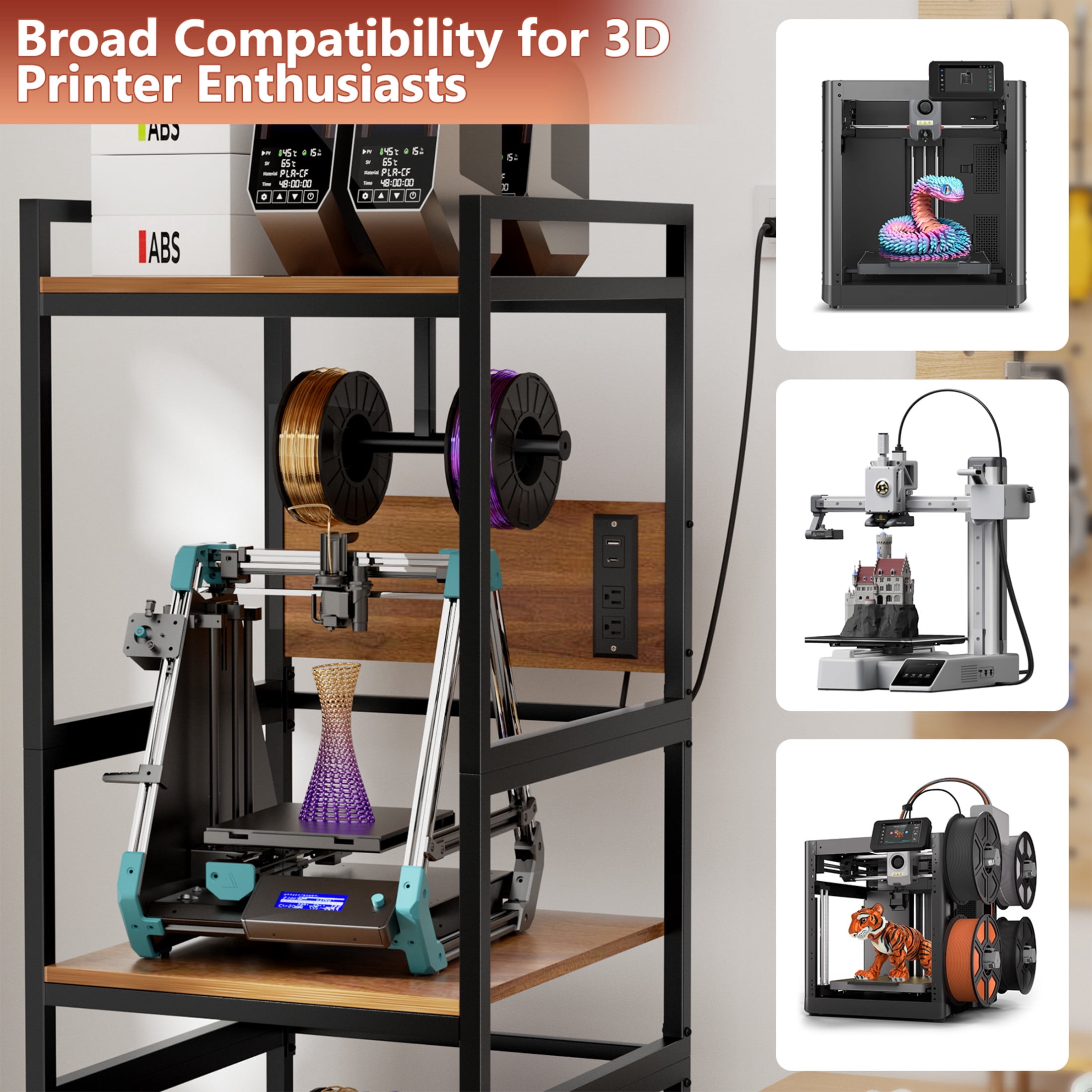 Noble House 3D Printer Stand with Filament Storage, Heavy-Duty Metal Workstation with Power Panel, Black