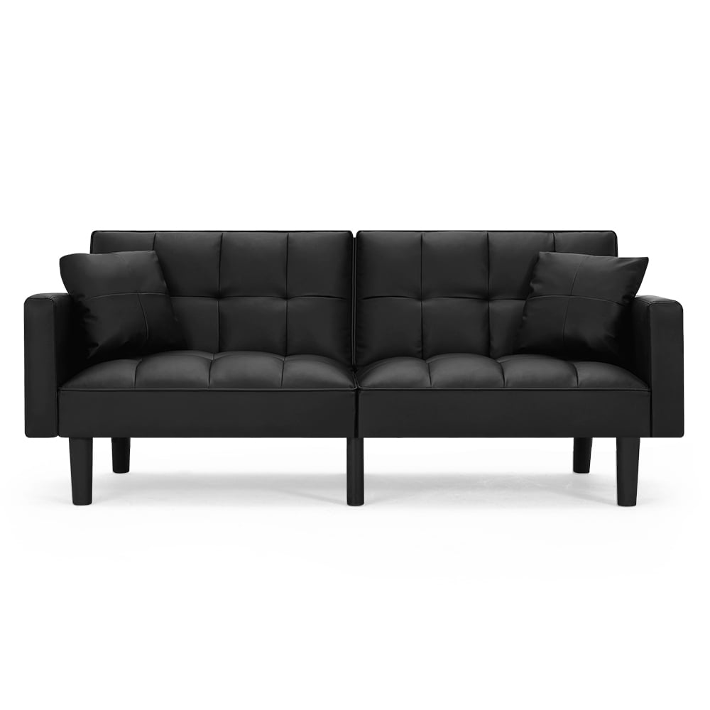 AVAWING Modern Upholstered Sofa Bed, Convertible Sectional Sofa, Upholstered Futon Faux Leather Couch w/ 2 Pillows, Apartment, Black
