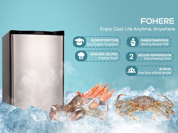 3.2 Cu.ft Mini Refrigerator with 7 Temp Control, FOHERE Compact Fridge with Freezer, Low Noise, Stainless Steel