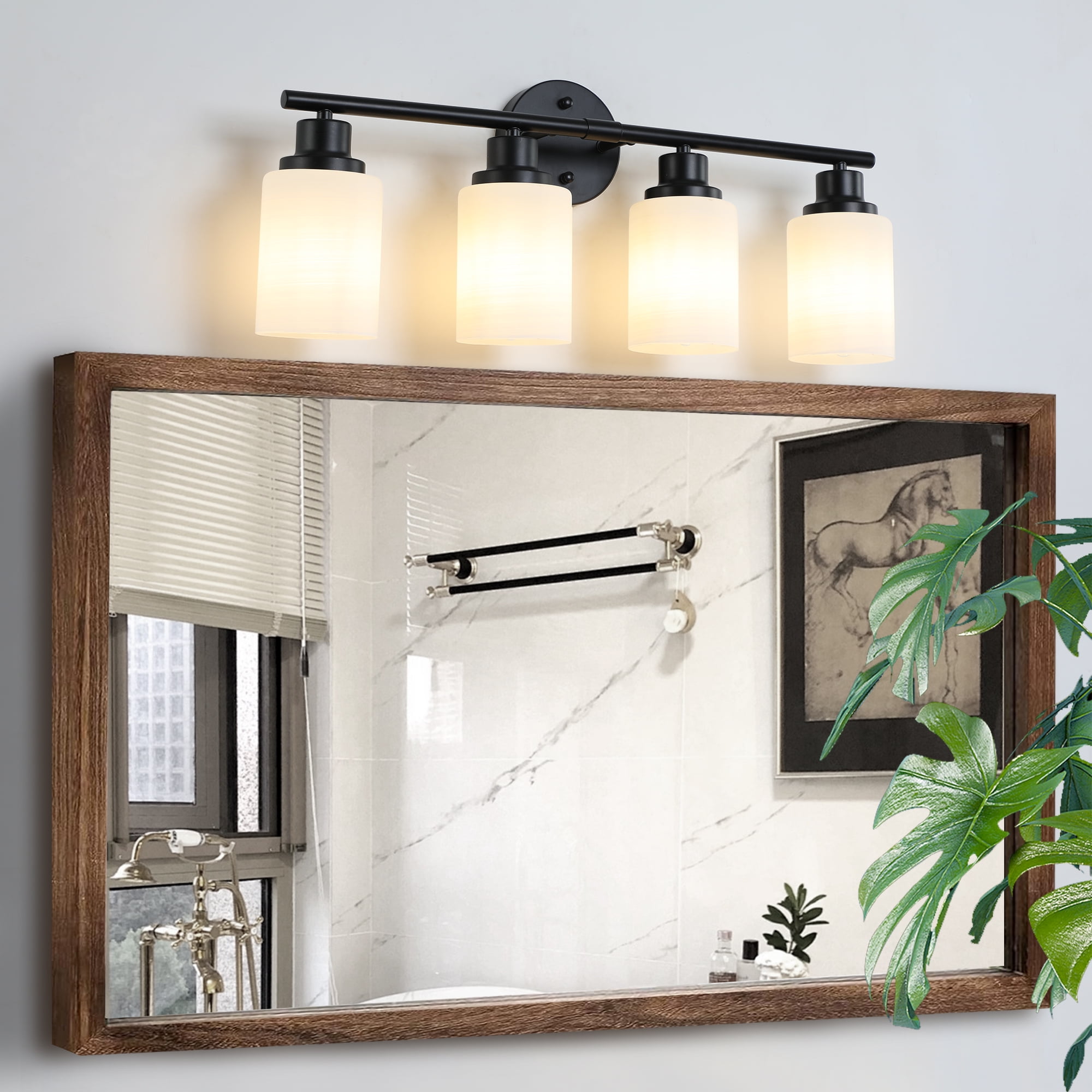 Miniyam 4-Light Modern Bathroom Vanity Light, Black Wall Fixture with Frosted Glass Shades