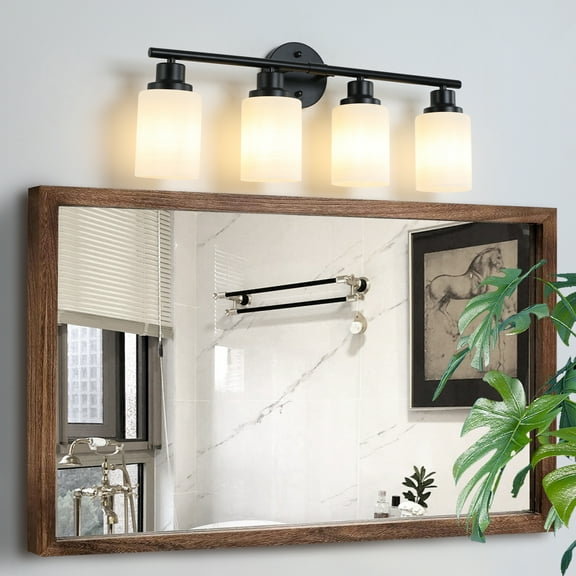 24" Modern 4-Light Vanity Bathroom Mirror Light, Frosted White Glass with Black Iron Frame, Contemporary Wall Sconce for Bedroom, Bathroom, And Dressing Room (Bulb Not Included)