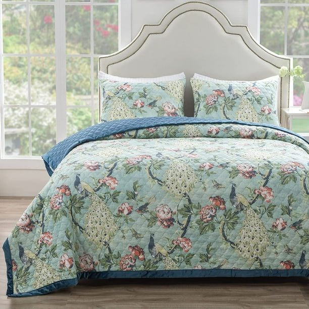 Greenland Home Fashions Pavona Vintage Peacock Garden Quilt Set 3Piece