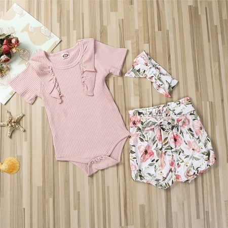 

Newborn Baby Girl Outfit Tops Romper Bodysuit + Floral Shorts Pants Clothes Set