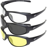 3 Pair Global Vision Hercules-2 Series Sport Safety Riding Sunglasses Black Frame with Clear, Smoke, and Yellow Lenses
