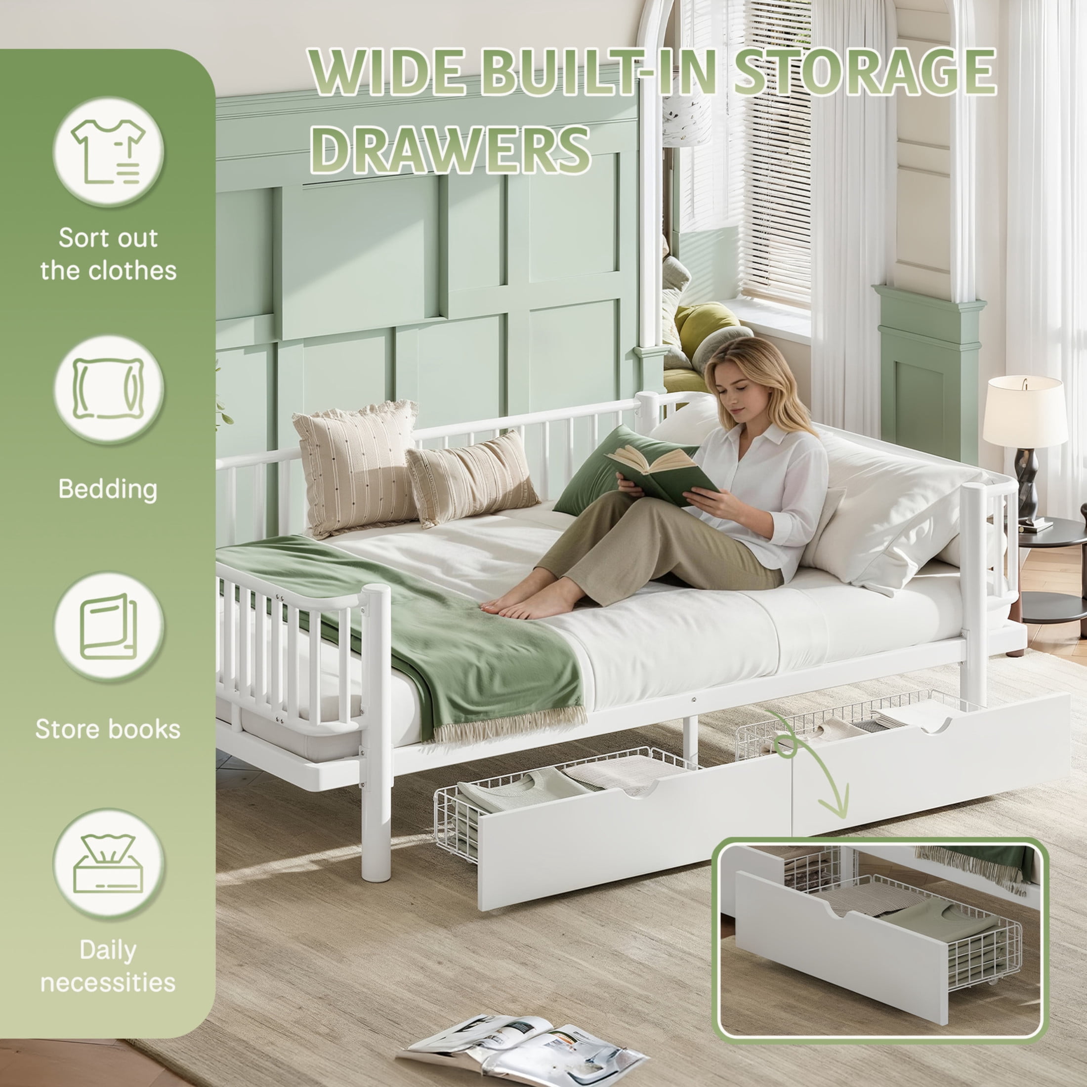 Noble House Queen Size Platform Bed with Storage Drawers, Daybed Frame with Round-Pipe Design, White